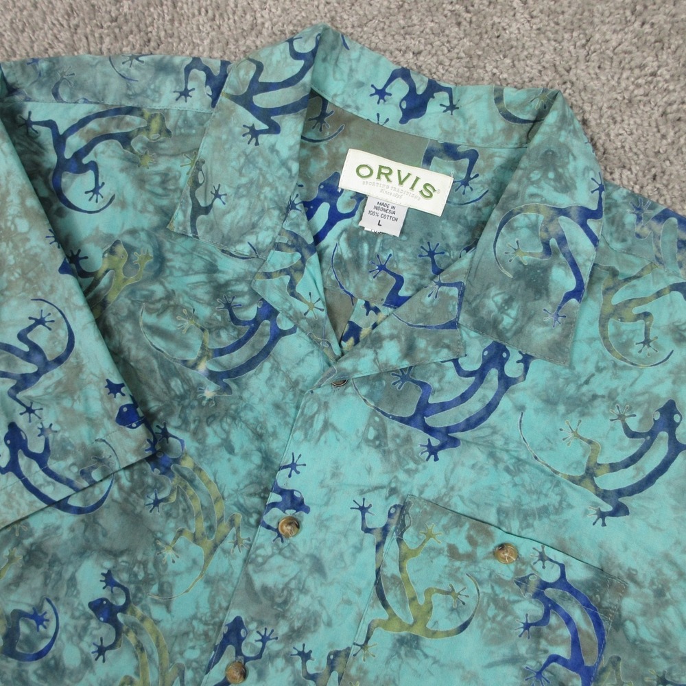 Orvis Shirt Mens Large Green Graphic Salamander Camp Hawaiian‎ Aloha Button Up